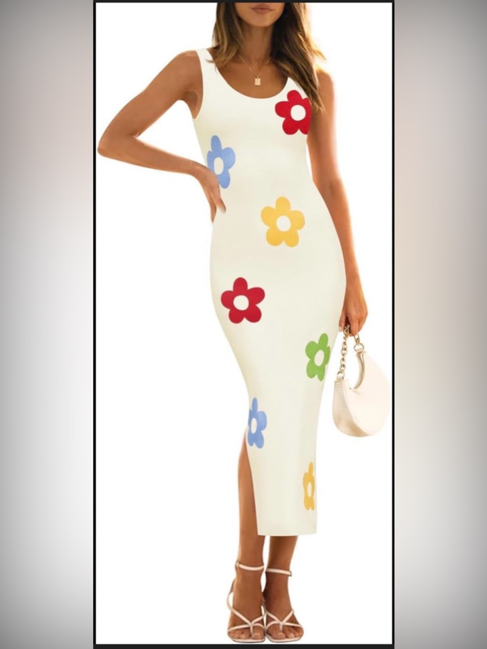 Summer Floral Knit Bodycon Midi Dress Sleeveless Colorblock XL NEW